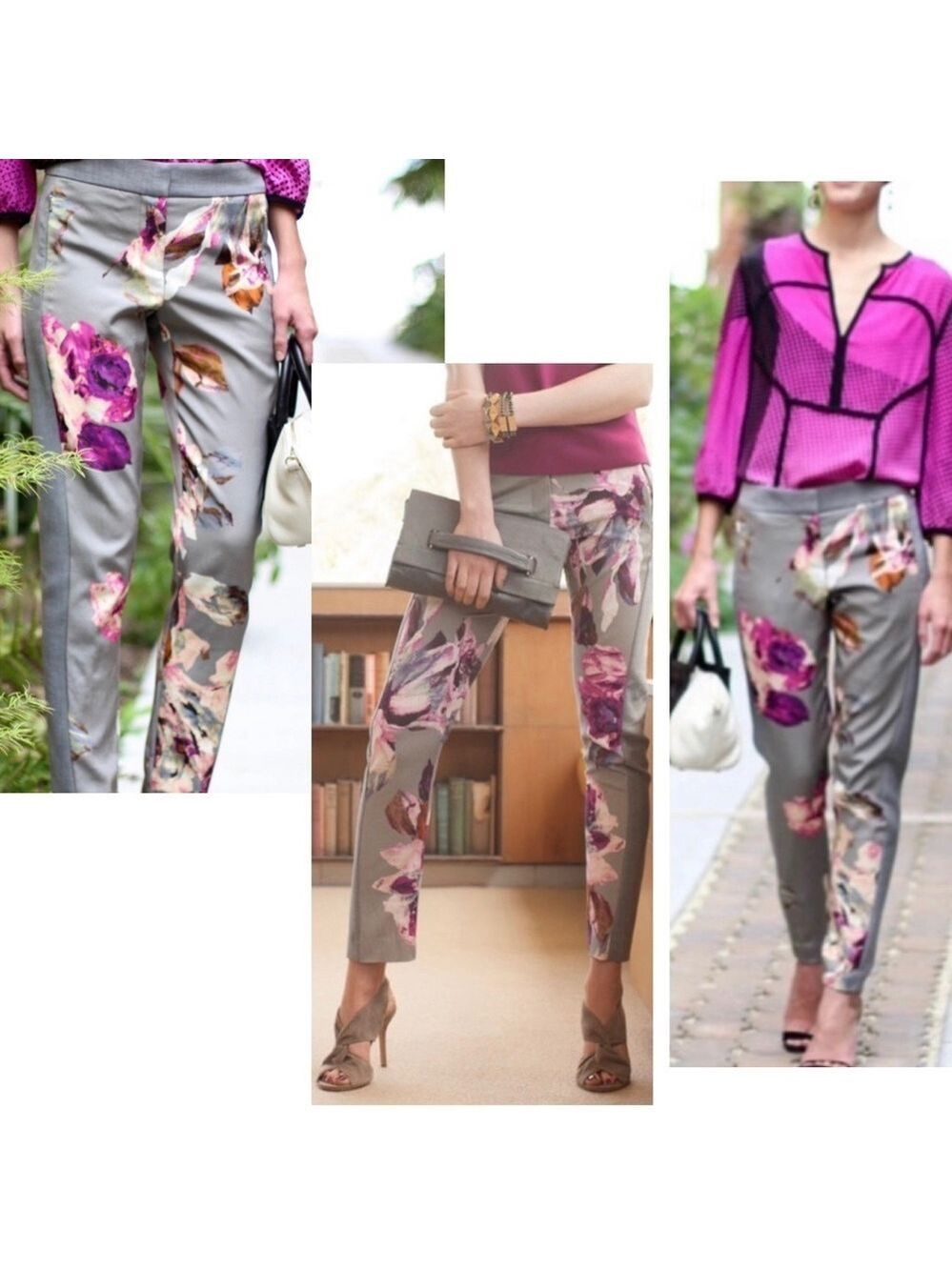 Trina Turk Women's 'Frea' Floral Print Trouser Pants Grey purple Slim Sz 4
